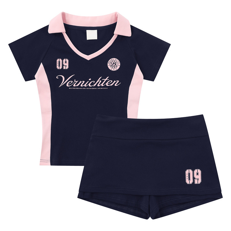 Navy Blue and Pink Color-Blocking Polo Short-Sleeve Shorts Set with Number 09 Letter Badge Print, Slim Fit, Spicy Girl Sportswear