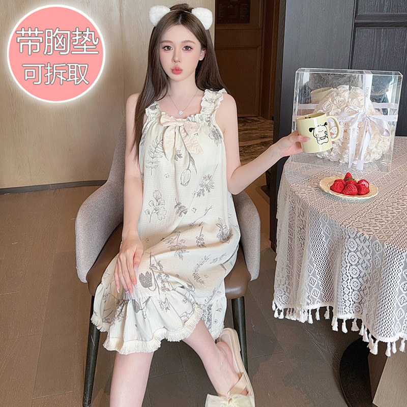 Pijama de algodón burbuja mujer verano dulce con cojín en el pecho honda camisón de longitud media talla grande 200 kg servicio a domicilio verano