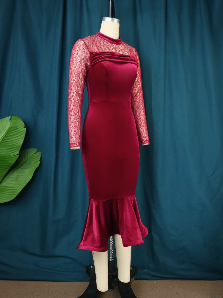 Women's Clothing lace stitching cross border plus size dress elegant high waist evening dress fishtail skirt dresses_voghion.com