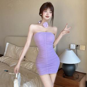 Sexy strapless backless pleated slimming dress