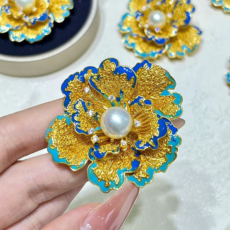 DIY Accessories Retro Chinese Style Peony Flower Brooch for Women Enamel Painted Fashion Versatile Pin Pearl Brooch Base