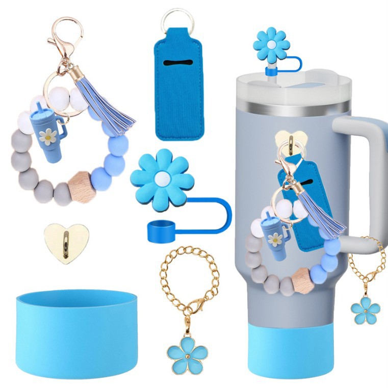 Amazon taza de calor cuentas brazalete llavero botella de agua colgante margarita gorra de paja flor colgante taza cubierta