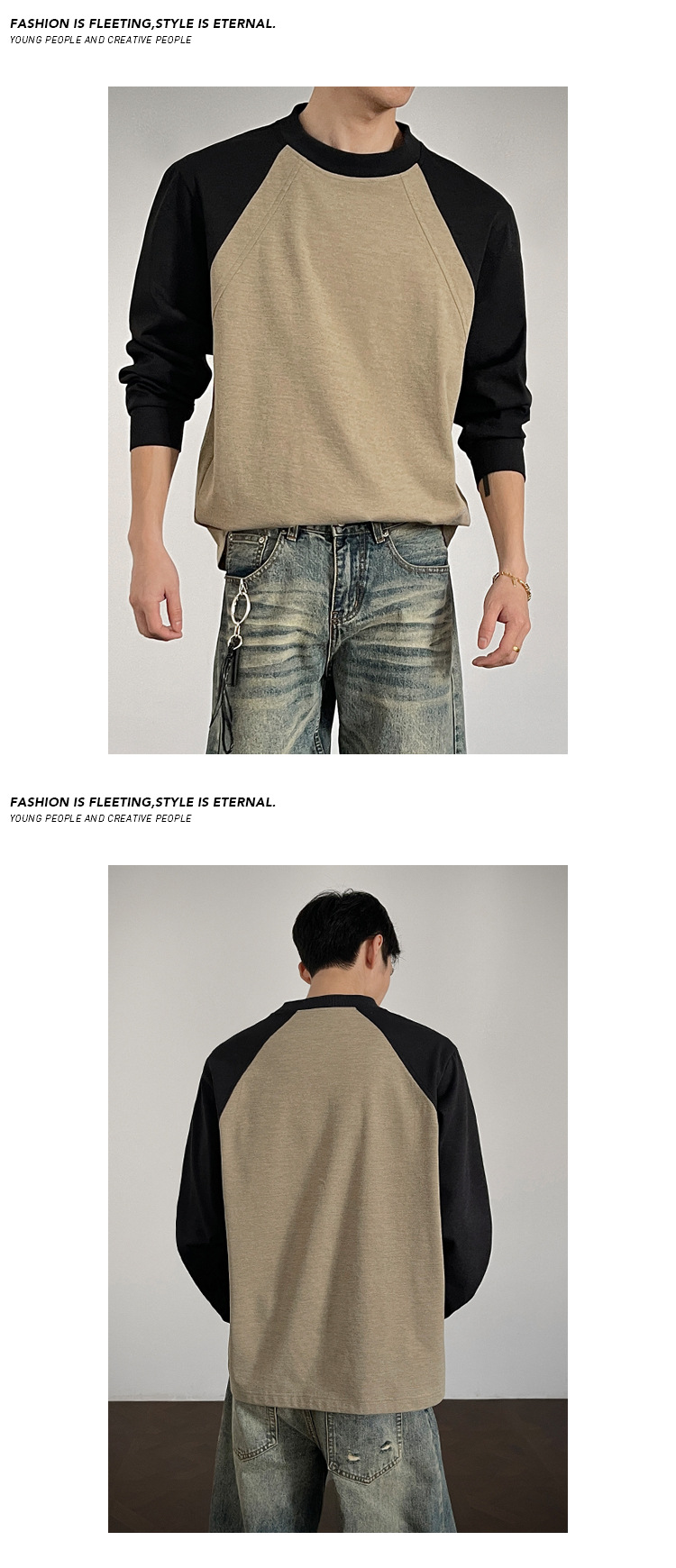 Long-sleeve Patchwork T-shirt For Men American Style Loose Casual_voghion.com