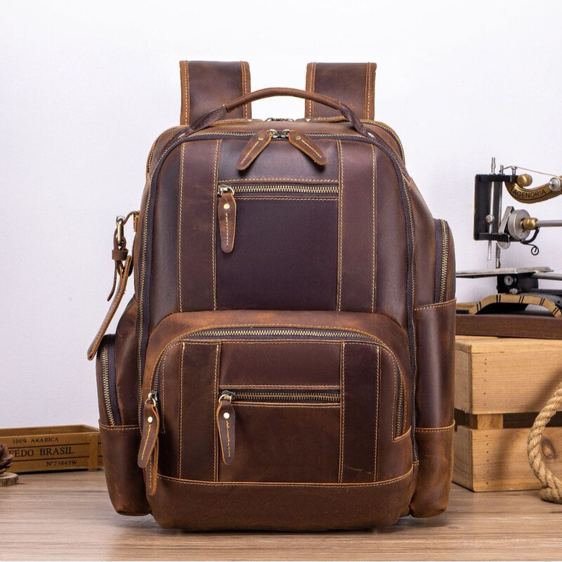 Crazy Horse Leather Men's Backpack, First-Layer Cowhide, High-End Feel, Outdoor Travel, Work Commute, Large-Capacity Computer Bag