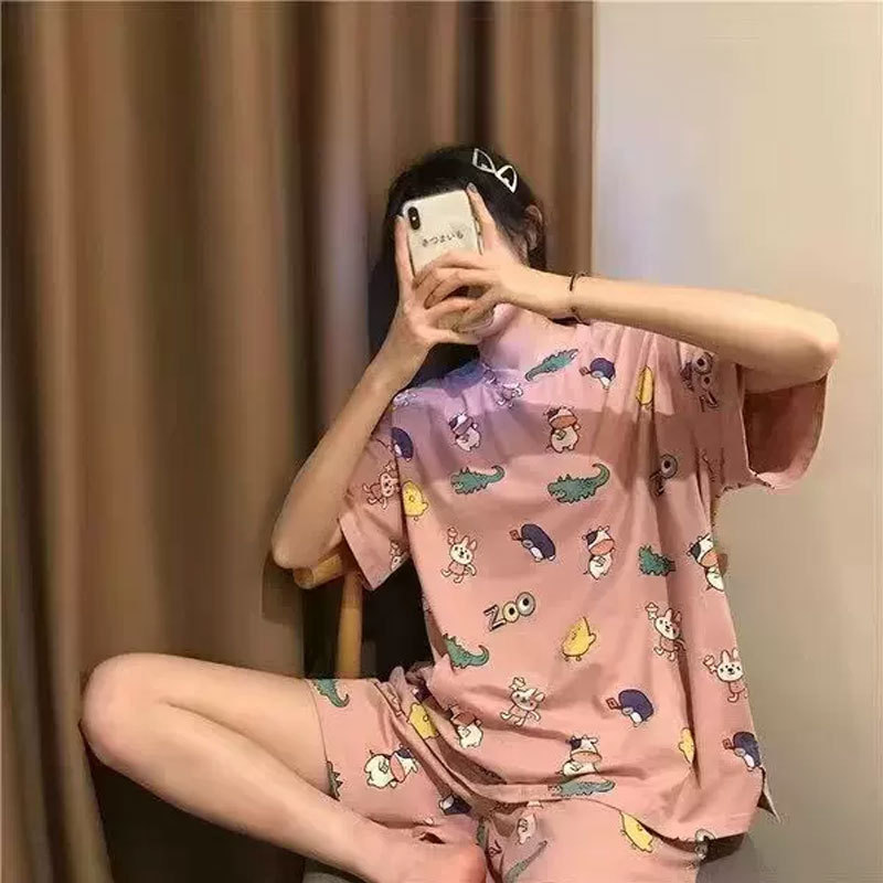 Cute Crocodile Pajamas for Women, Summer Cartoon Short-Sleeved Shorts, Summer Plus-Size Girls' Home Clothes, Thin Two-Piece Set