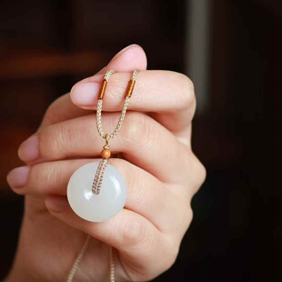 Jade Crafts Natural Xinjiang Hetian Jade Qinghai Material Old Material Lotus Root Pink Safety Buckle Pendant Women's Jade Pendant