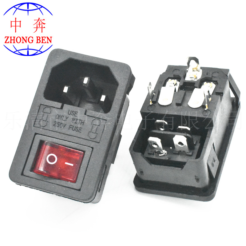 AC-01 卡式 双保险 AC电源插座 三合一 红色带灯 31*50mm 28*47.5
