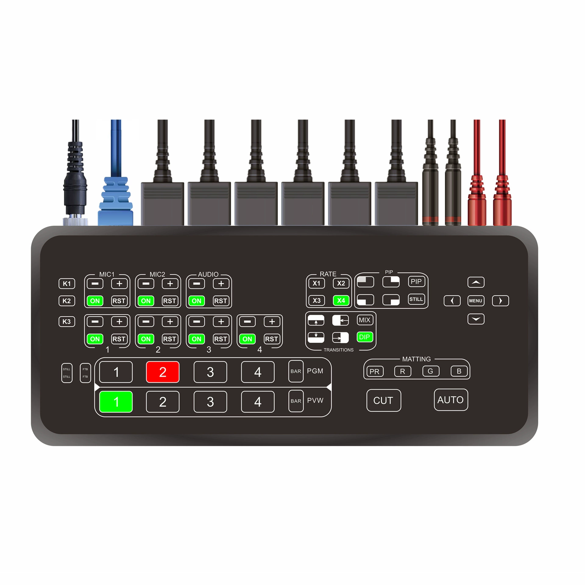 Четырехпоточная HDMI-станция вещания поддерживает RGB фоновую вырезку в прямом эфире с записью, видеоконференциями и другими HD-передачами
