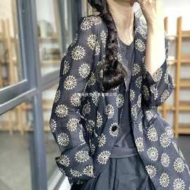 新款文艺印花宽松休闲麻料薄款小西装外套女小西服上衣女夏季洋气