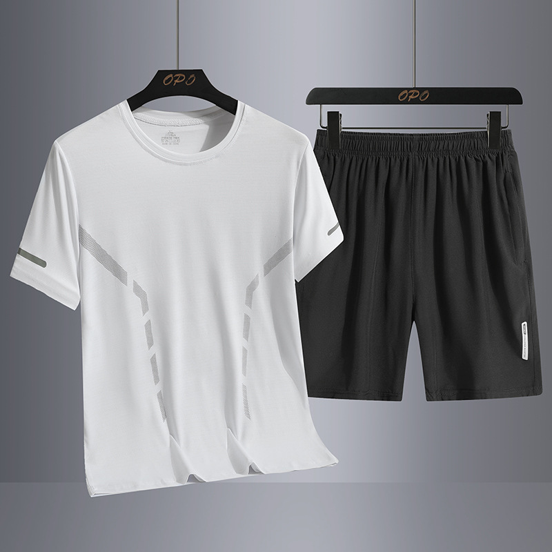 Verano hielo al aire libre hombre deportivo relajado tres piezas transpiración rápida secado cuello redondo camiseta pantalones set hombre