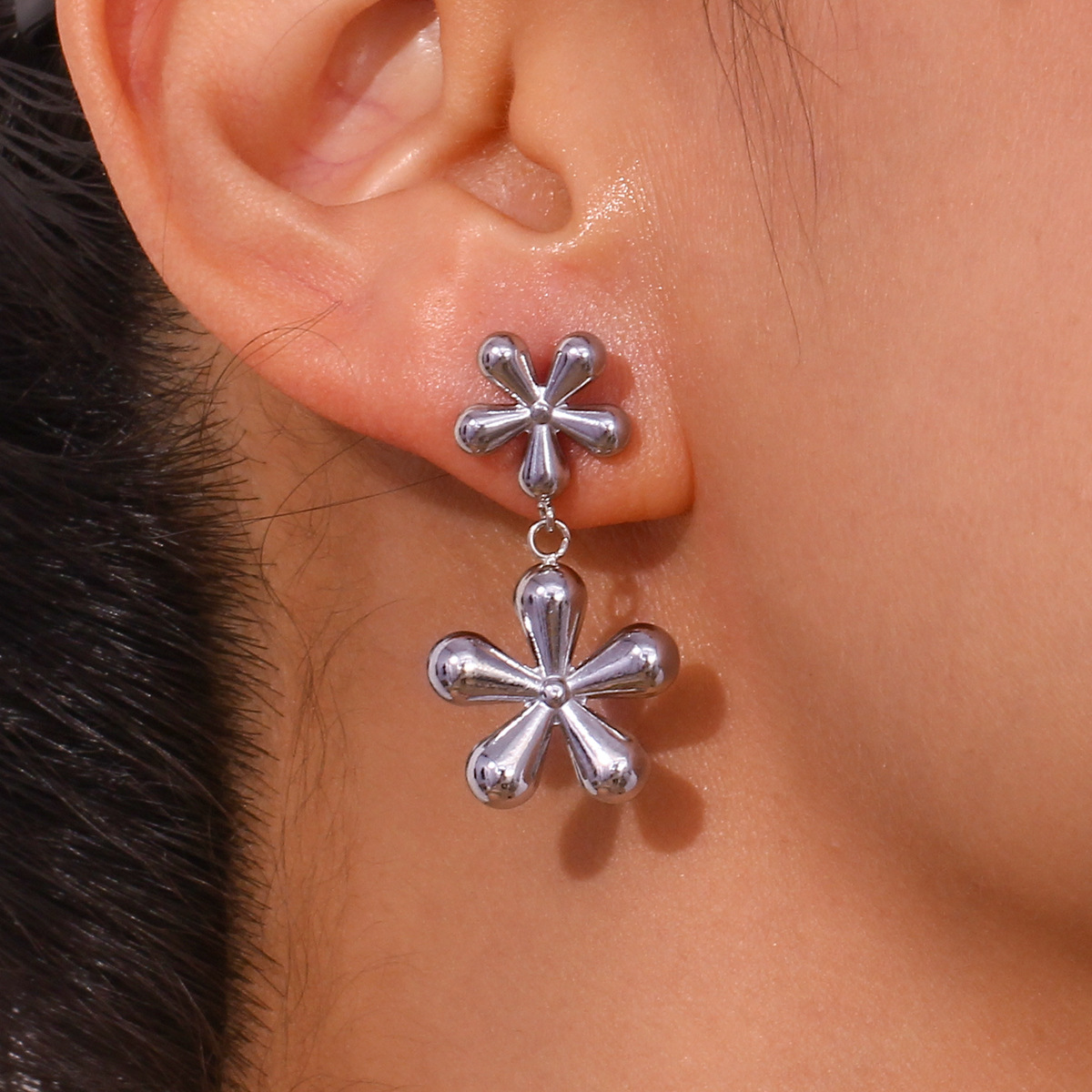 Two Small Flower Pendant Stainless Steel Earrings
