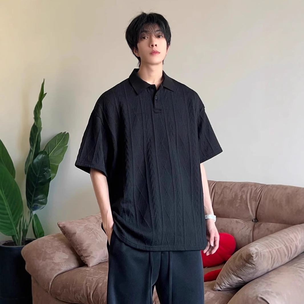 Camisa POLO de manga corta de punto jacquard con patrón de espiga de trigo, hombre, verano suelto y versátil, estilo de dinero viejo, camiseta de hombro de alta gama