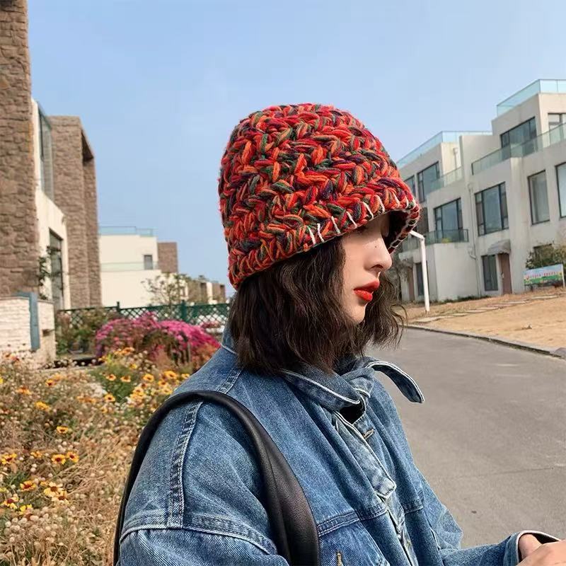 霓虹彩色盆帽拼色手工针织帽渔夫帽女士甜美百搭毛线帽清新甜美风|undefined