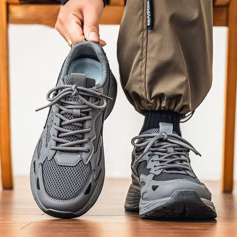 Giày thể thao nam sneaker thân lưới thoáng khí, đế cao su gót thấp, dây buộc, phong cách casual — F901 màu đen, F901 xám nhạt, F901 xám đậm