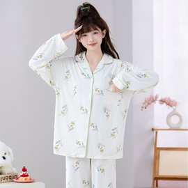 外贸厂家批发新款睡衣女士春秋季开衫长袖长裤翻领印花家居服套装