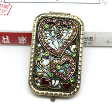 外贸婚庆回赠礼品镂空双心长方形双面化妆镜便携式小镜子金属镜子