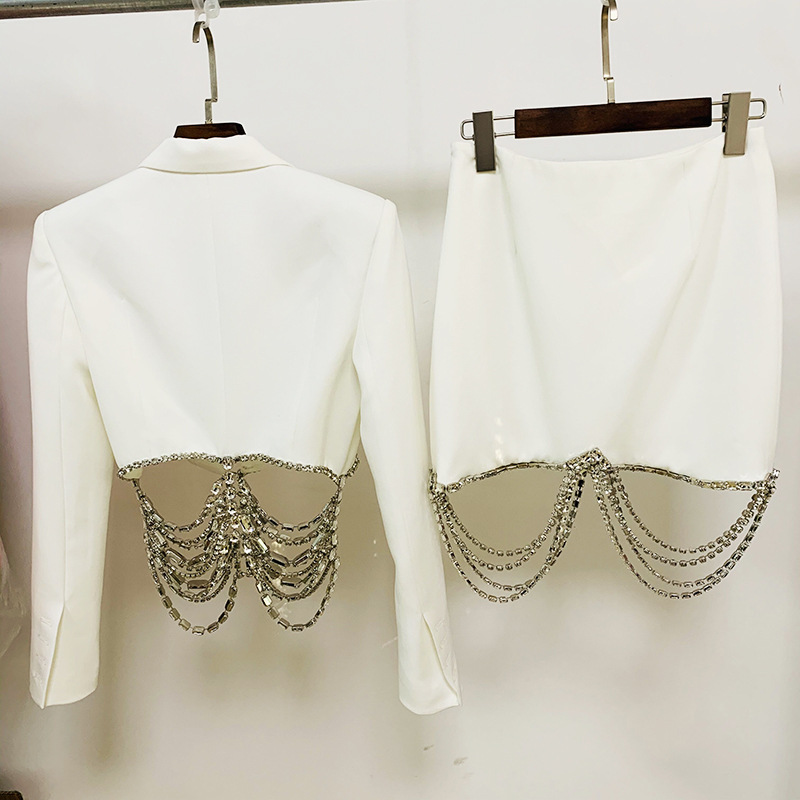 Rhinestone Chain Beaded Tassel Short Skirt Set Two Piece Set
