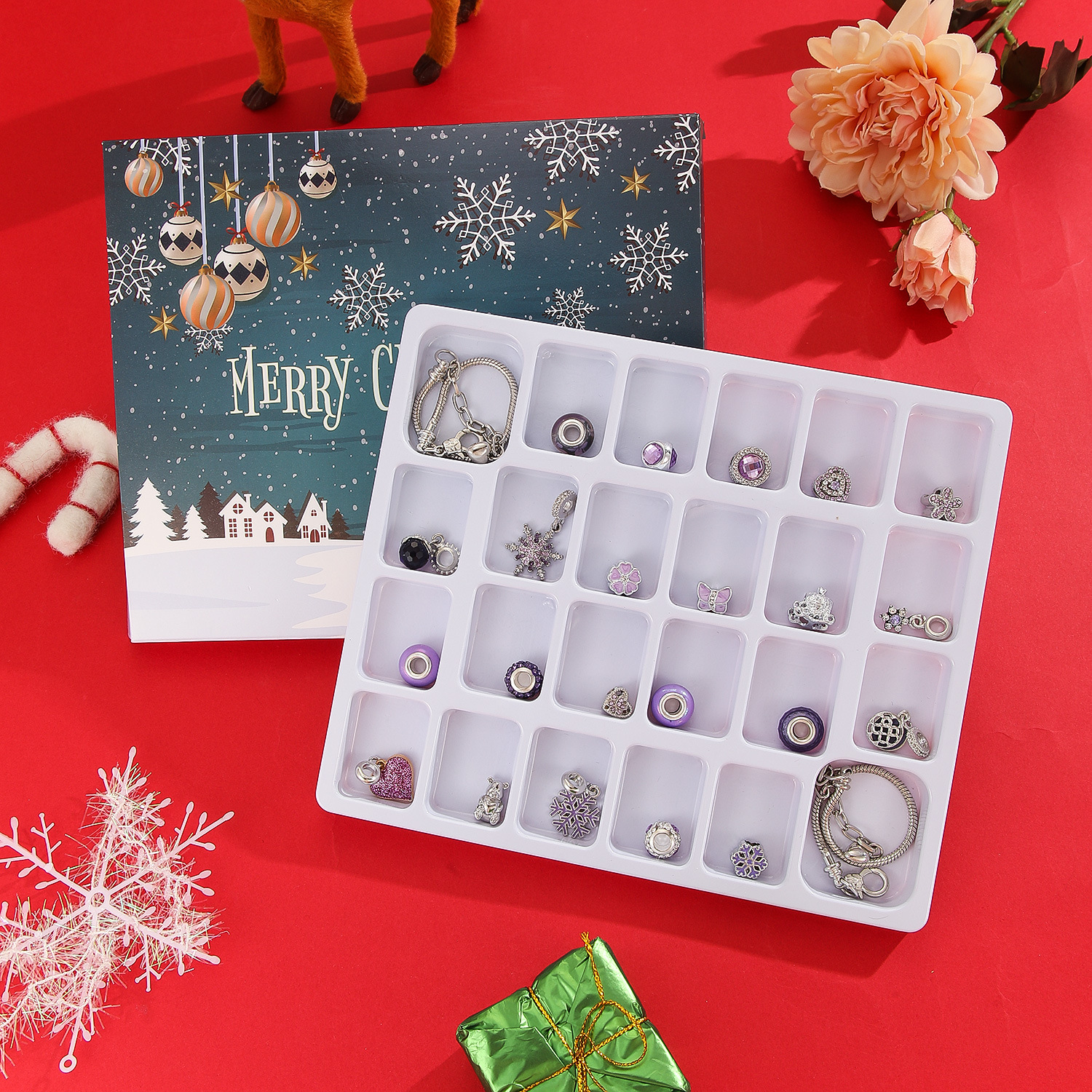 Weihnachts-Schneeflocken-Geschenkbox mit Perlenschmuck, Countdown-Kalender, DIY-Armband in Herzform mit lila Perlen, Blindbox_voghion.com
