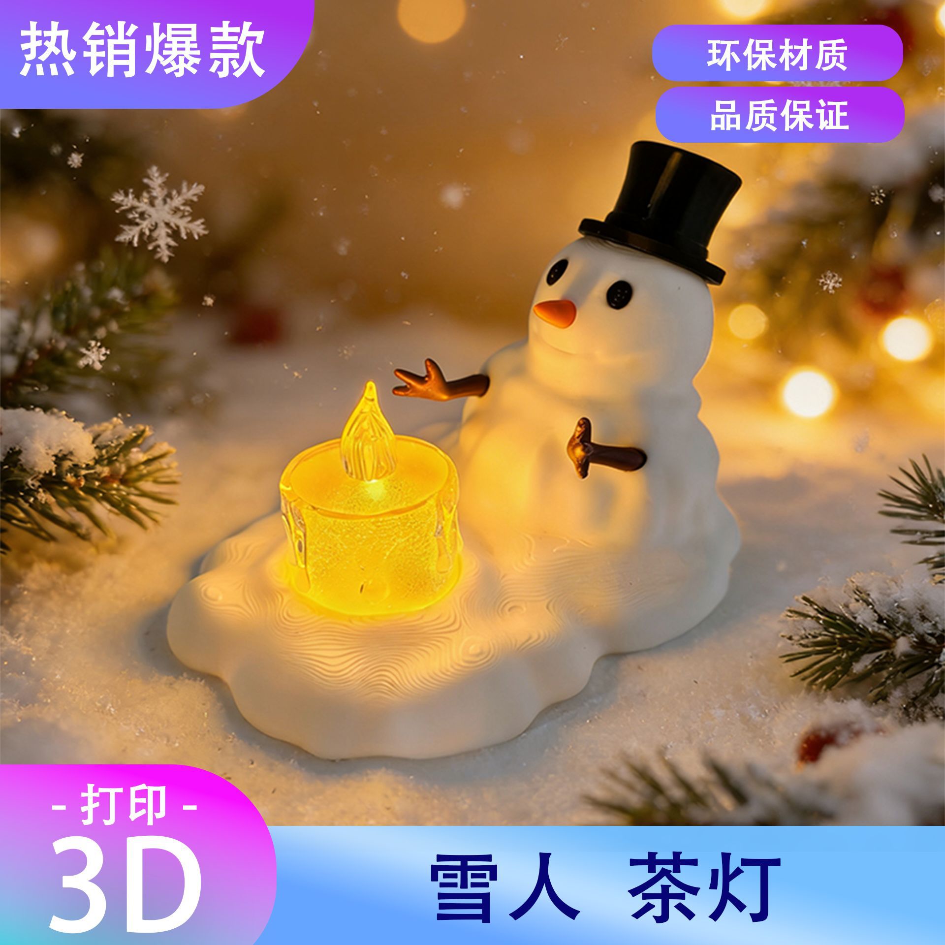 Vela Electrónica LED de Muñeco de Nieve 3D de PLA para Navidad