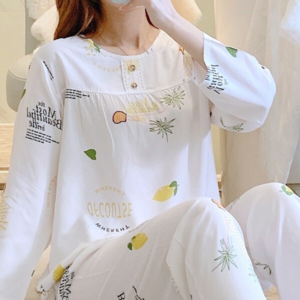 Women's Pajamas Spring and Summer Long-Sleeved Cotton Silk Loose Large Size Korean Style Can Be Worn Outside Mother's Confinement Suit Pants Home Clothes
