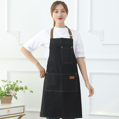 New Brand Wholesaler Cotton Collar Korean Style Restaurant Custom Logo Printed Embroidered Denim Apron Work Apron