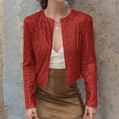 2025 spring, Europe and America, Amazon cross-border hit round neck, long-sleeved, pure color cardigan, casual all-match sequined coat for women