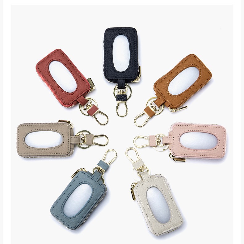 Gentle Girly Style Genuine Leather Key Case with Lychee Pattern, Transparent Window Zipper Key Cover, Wear-Resistant and Scratch-Resistant Key Holder