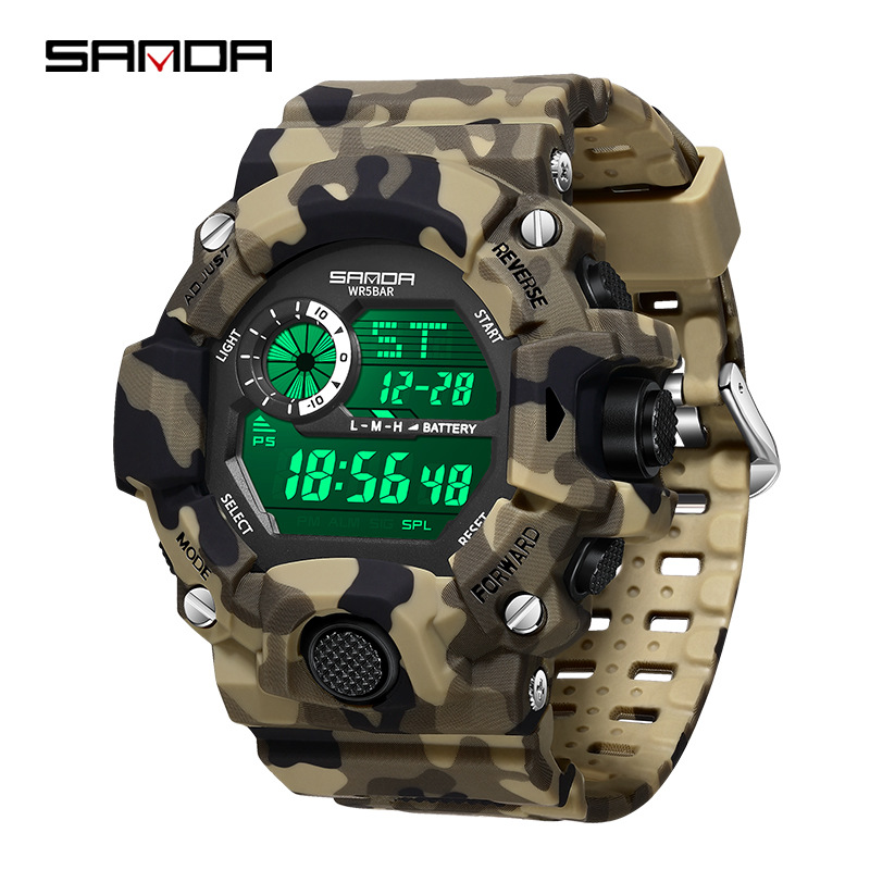 SANDA Camuflaje reloj electrónico de montaña deportivo al aire libre impermeable multifuncional reloj de negocios para hombres 2183