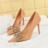 9511-H39 Korean Edition Banquet High Heels Slim Heels, Ultra High Heels, Suede, Shallow Mouth Pointed Diamond Bow Tie Women's Singles