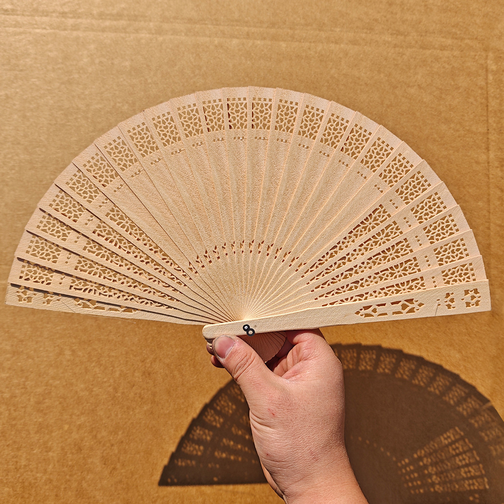 8 pulgadas en stock, ventilador de madera de perfume completo, delfines, lunas y estrellas, panal de abeja, ventilador de madera hueco, ventilador de regalo de boda