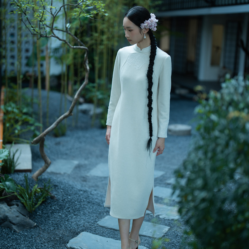 文东篱【昨夜星辰】秋冬新款新中式双襟蕾丝长旗袍连衣裙修身显瘦