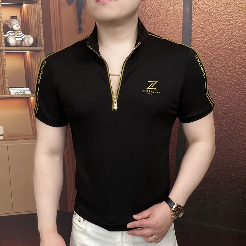 European-Style Summer New Men's Embroidered Half-Zip Short-Sleeve T-Shirt, Fashionable Slim-Fit Stretchy Half-Sleeve Top for Men European-Style Summer New Men's Embroidered Half-Zip Short-Sleeve T-Shirt, Fashionable Slim-Fit Stretchy Half-Sleeve Top for Men