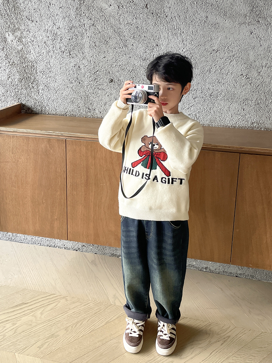 【3 Items at 15% Off, 5 Items 25% off 】Boys' Arctic Velvet Knitted Sweater Long Sleeve Korean Style Winter Top for Girls