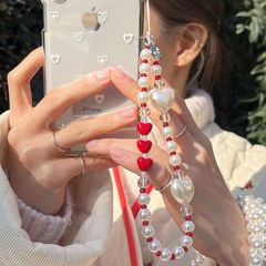日韓時尚掛鏈ins風紅色愛心珠串珍珠掛繩手機鏈腕帶ccd愛心掛飾