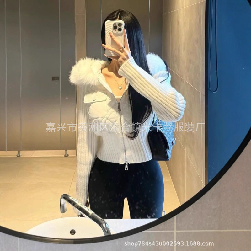 新款高货小众设计拉链高领毛衣外套韩系穿搭菱格拼接修身针织开衫|undefined