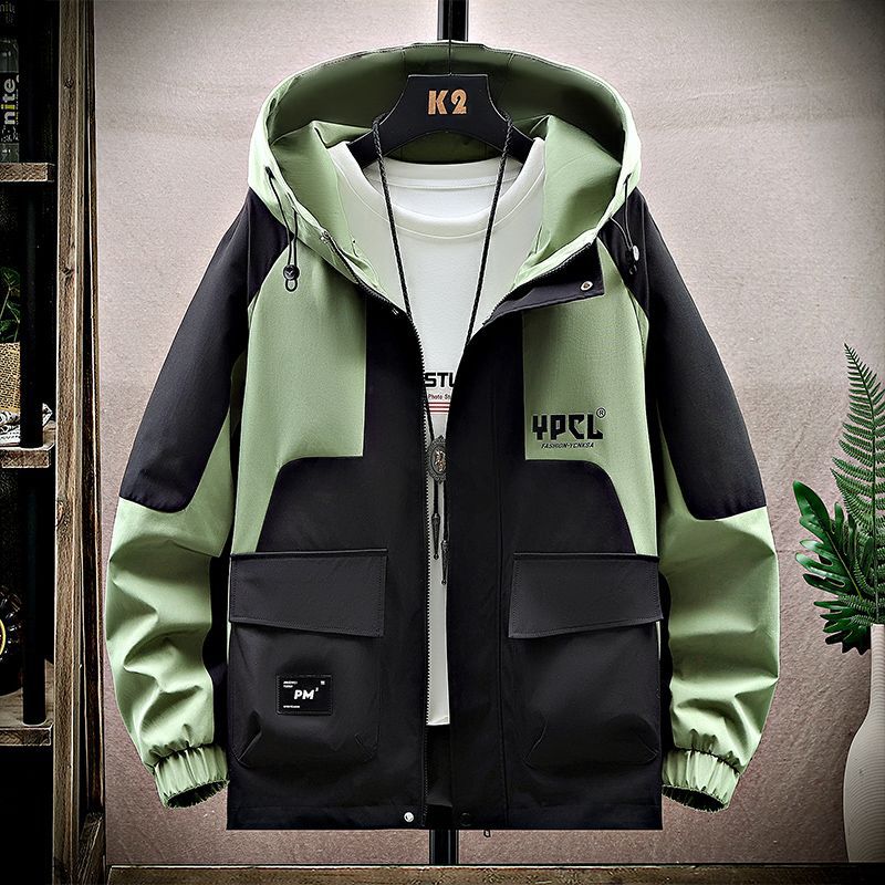 新款春秋外套男士连帽工装夹克男青少年韩版港风褂学生拼接冲锋衣