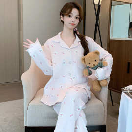 2024冬新款睡衣女海岛绒长袖开衫翻领简约甜美休闲家居服套装