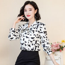 设计感法式长袖衬衫女2025秋季新款时尚百搭印花雪纺衫细带衬衣潮