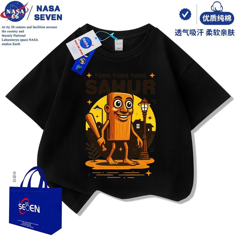 NASA通通哥木棍人儿童短袖国外山海经衣服夏季鲨鱼纯棉T恤中大童|undefined
