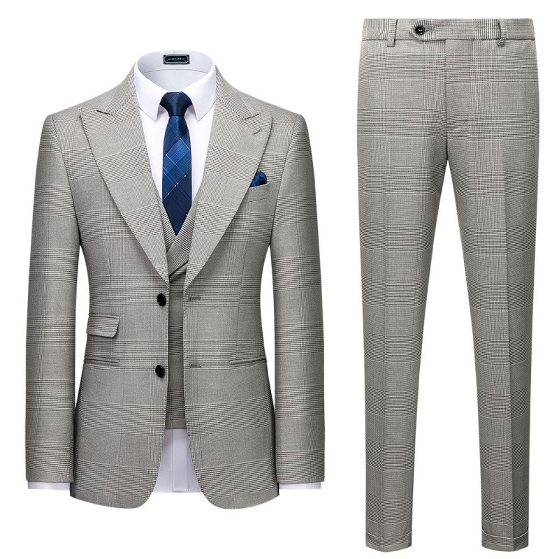 2025 New Men's Spring and Autumn Business Slim-Fit Suit Korean Style Casual Gray Plaid Fashion Three-Piece Suit