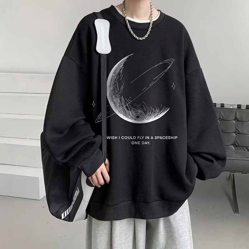 Personalized Moon Print Sweater Men's Autumn And Winter Hoodless Crew Neck Jacket Top Casual Long-sleeved Bottoming Shirt Tide_viptrois.com