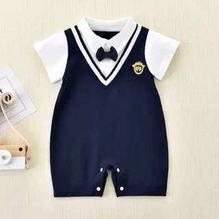 婴儿连体衣服夏季新生男宝翻领薄款透气爬服POLO衫短袖假两件哈衣