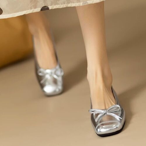 Spring and autumn bow flat silver single-layer shoes. 2025 popular square head and shallow mouth all-match chanel style shoes