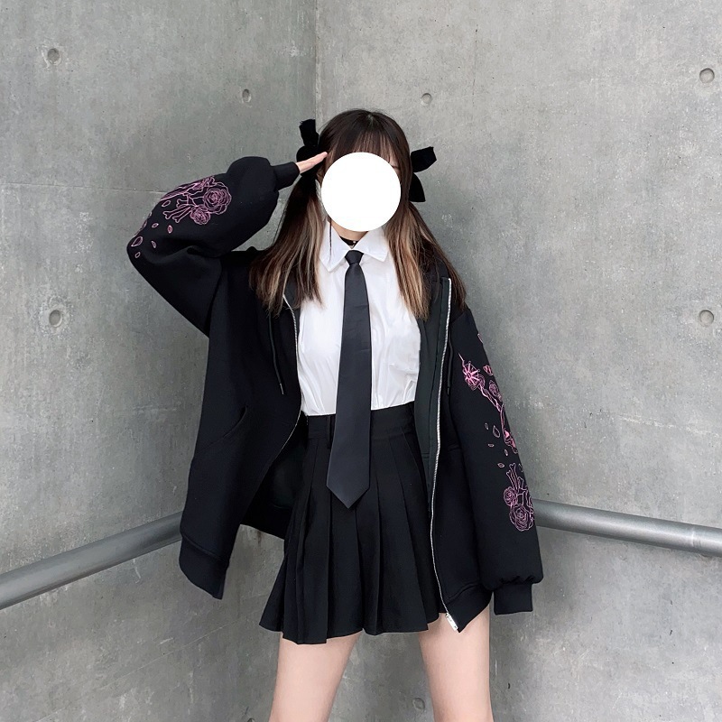 Sweat à capuche imprimé à fermeture éclair pour femme, style coréen 2022, veste noire, chemise sport, style urbain_voghion.com