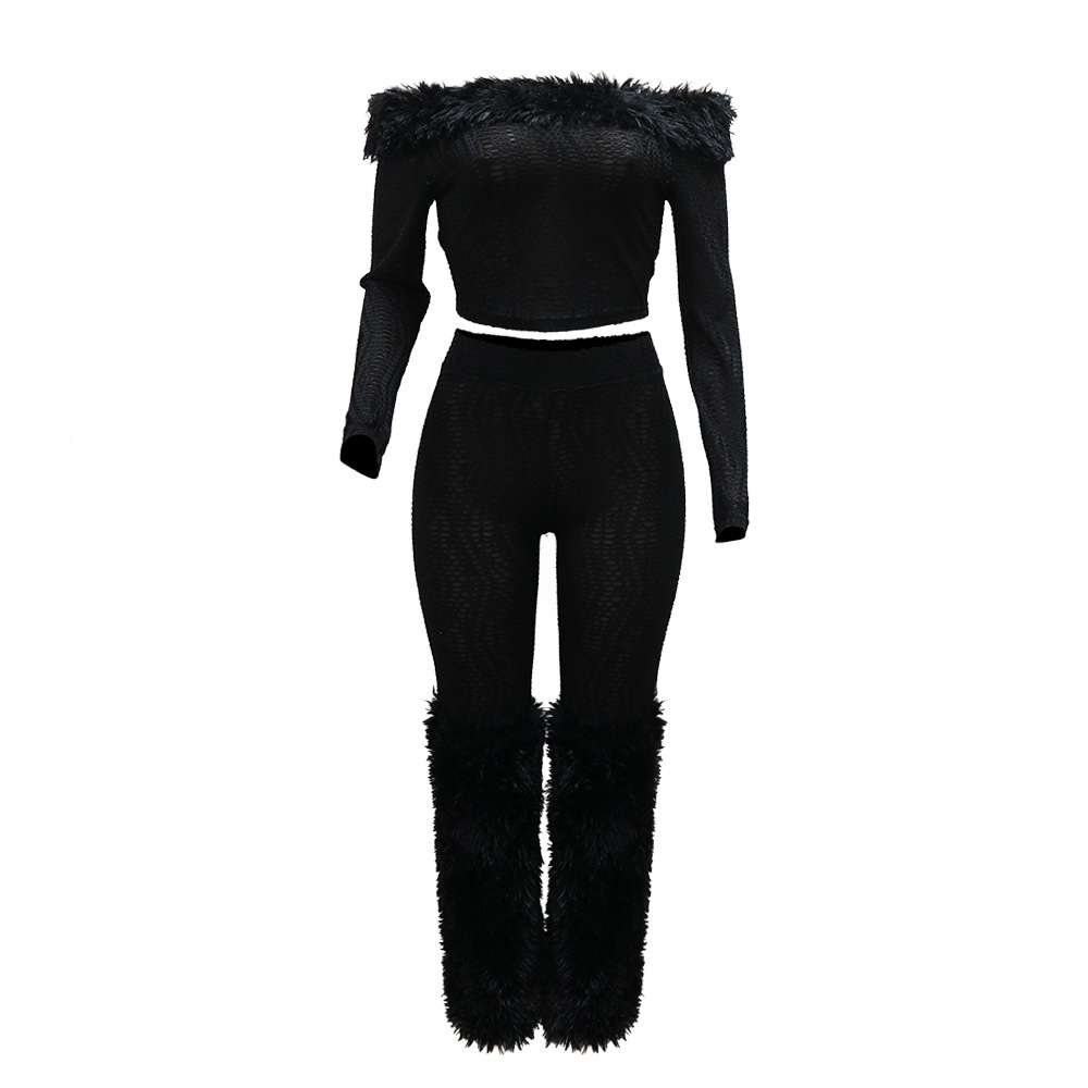 Women Long Sleeved off Shoulder Top Slim Trousers Furry Two Piece Set