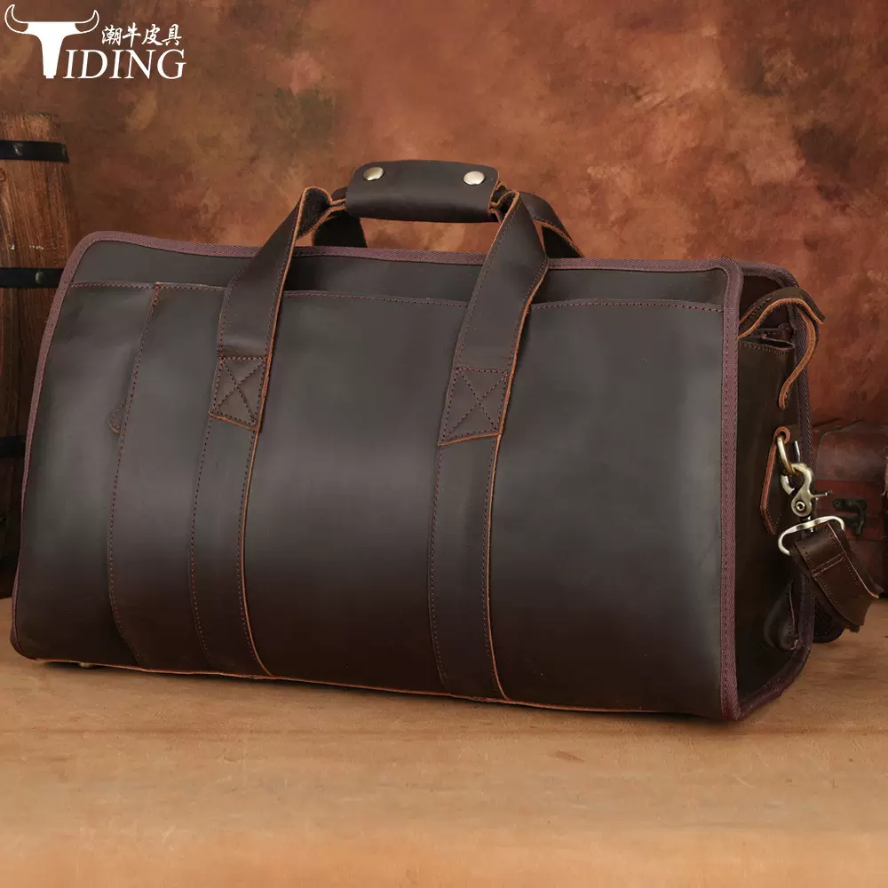 潮牛跨境头层牛皮手提包大容量单肩斜挎运动健身行李袋户外旅行包