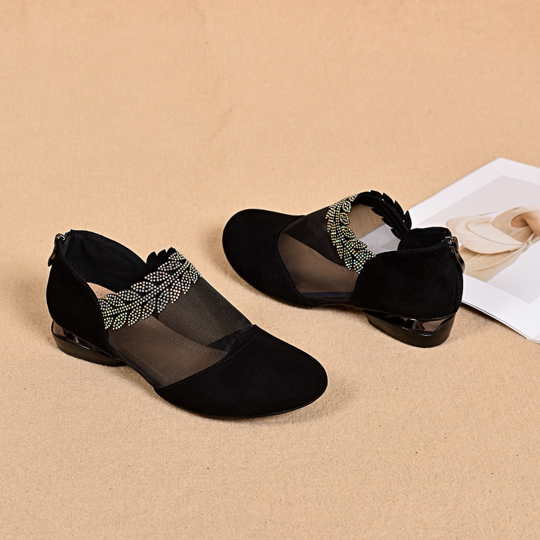 Sandal da lộn khoét lỗ mũi tròn gót vuông thấp đế mềm — đen chi tiết 8