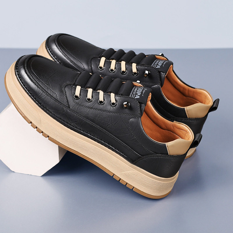 Giày da nam sneaker cổ thấp đế mềm thoáng khí phong cách Hàn Quốc — Màu kaki, màu đen