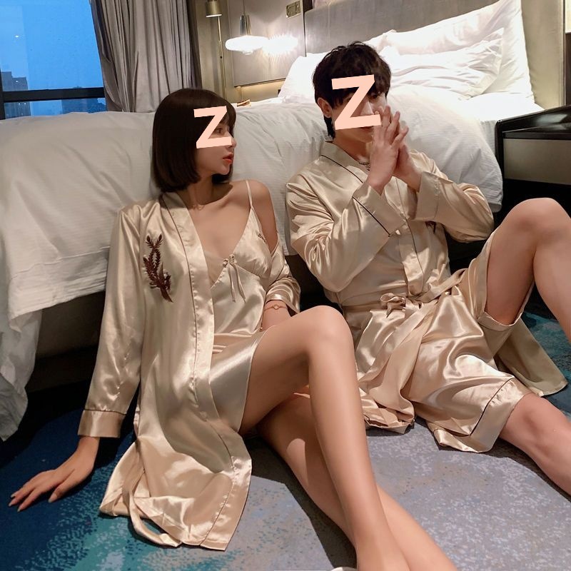 2 Sets of Silk Couple Pajamas for Men and Women, Silk Spring and Summer Shorts, Women's Suspender Skirt Two-Piece Set, Ice Silk Dragon and Phoenix Bathrobe