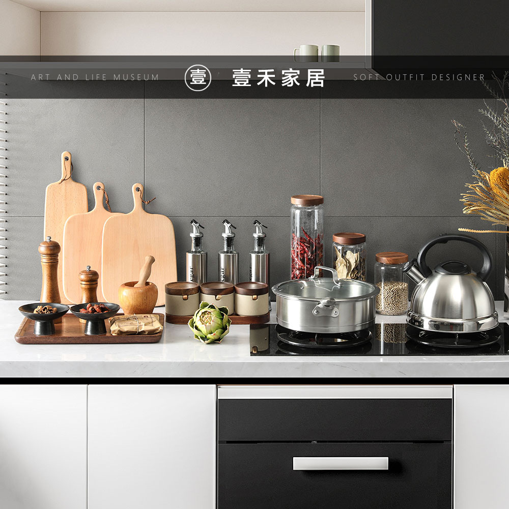 Decoración de gabinete de cocina modelo simple combinación de ollas de acero inoxidable tazas de ollas condimento frasco floral exhibición